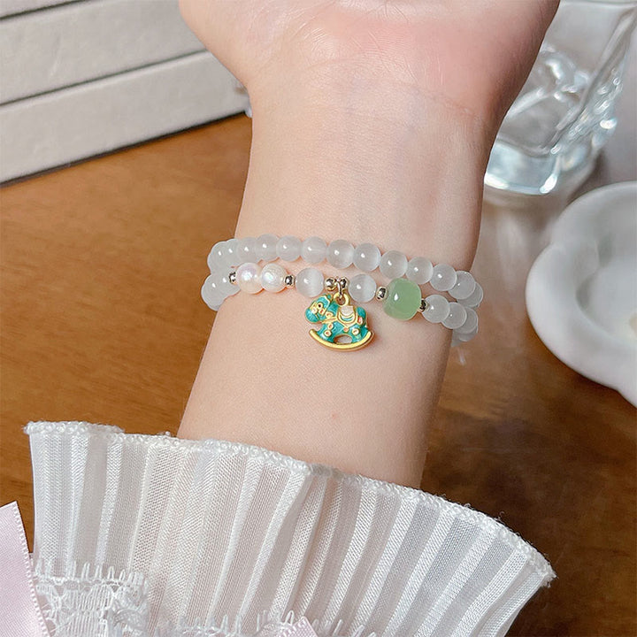 Bracciale a doppio strato con perline di vetro crisoberillo dell'anno del cavallo Buddha Stones Peace Love - image 2