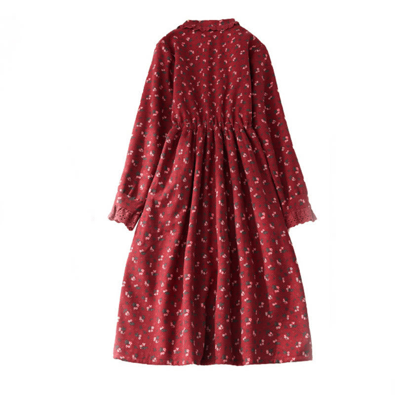 Abito midi in velluto a coste con maniche lunghe, tasche e motivo floreale in pizzo patchwork Buddha Stones - image 3