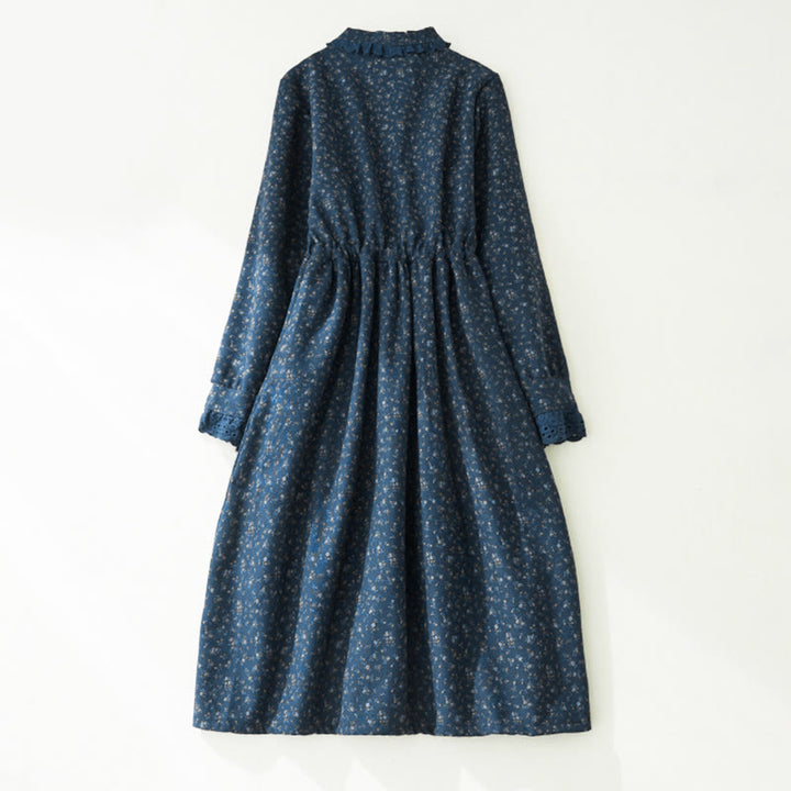 Abito midi in velluto a coste con maniche lunghe, tasche e motivo floreale in pizzo patchwork Buddha Stones - image 9