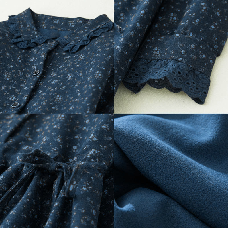 Abito midi in velluto a coste con maniche lunghe, tasche e motivo floreale in pizzo patchwork Buddha Stones - image 11