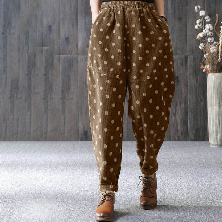 Pantaloni harem in velluto a coste con stampa a pois e tasche da donna Buddha Stones - image 3