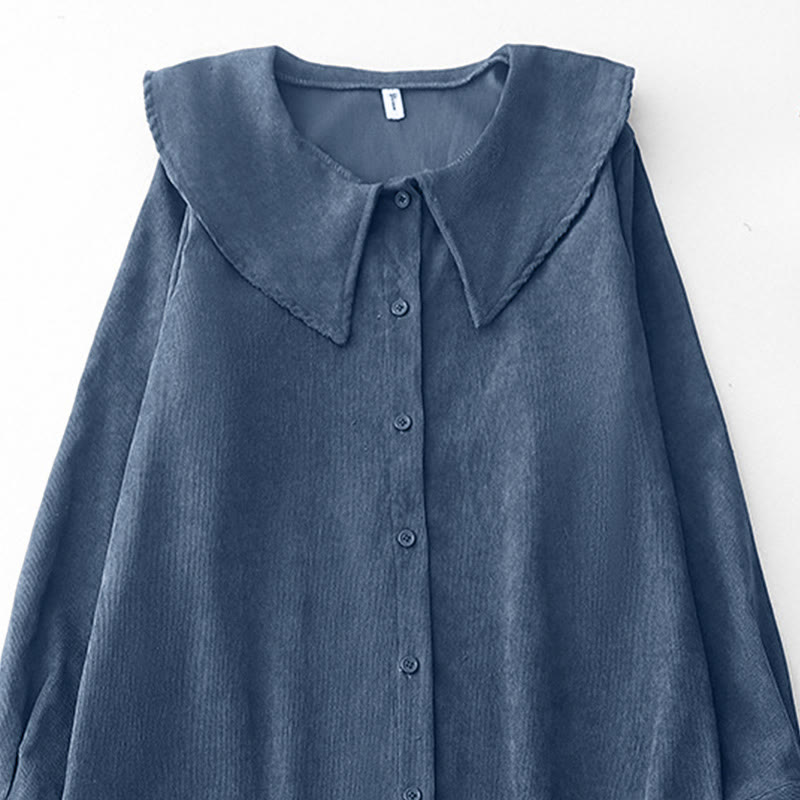 Abito midi in velluto a coste con maniche lunghe e tasche, motivo a bottoni semplici, motivo Buddha Stones Fall - image 2