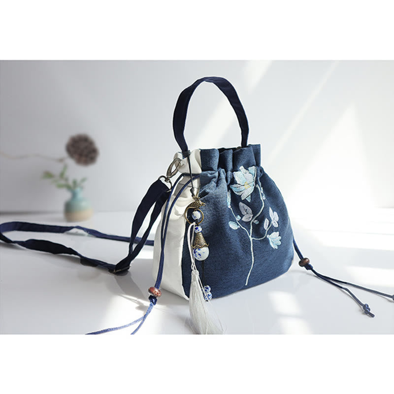 Borsa a tracolla in tela con fiori ricamati a mano con Buddha Stones