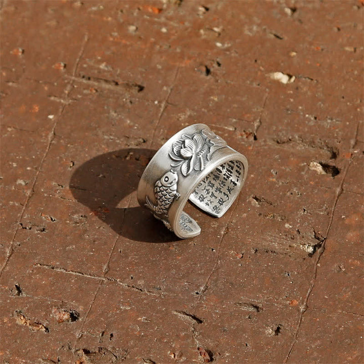 Anello Buddha Stones 999 Sterling Silver Luck Koi Fish Lotus Heart Sutra Wealth