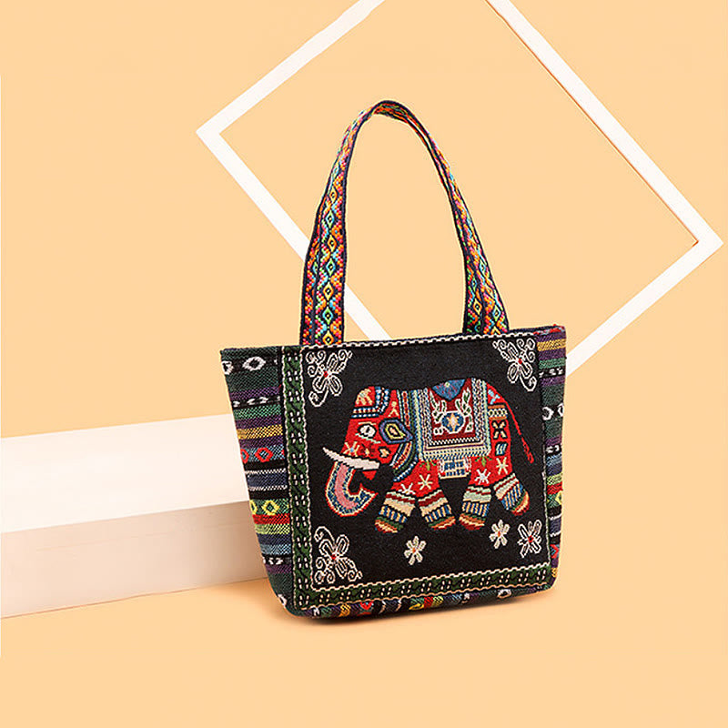 Borsa a tracolla in tela di grande capacità ricamata con elefante e farfalla , Buddha Stones