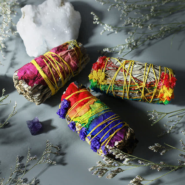Buddha Stones, margherite colorate, fiori di rosa rossa, bastoncino di sbavatura per la pulizia della casa, incenso, guarigione, meditazione, bastoncino di sbavatura, rituali, set