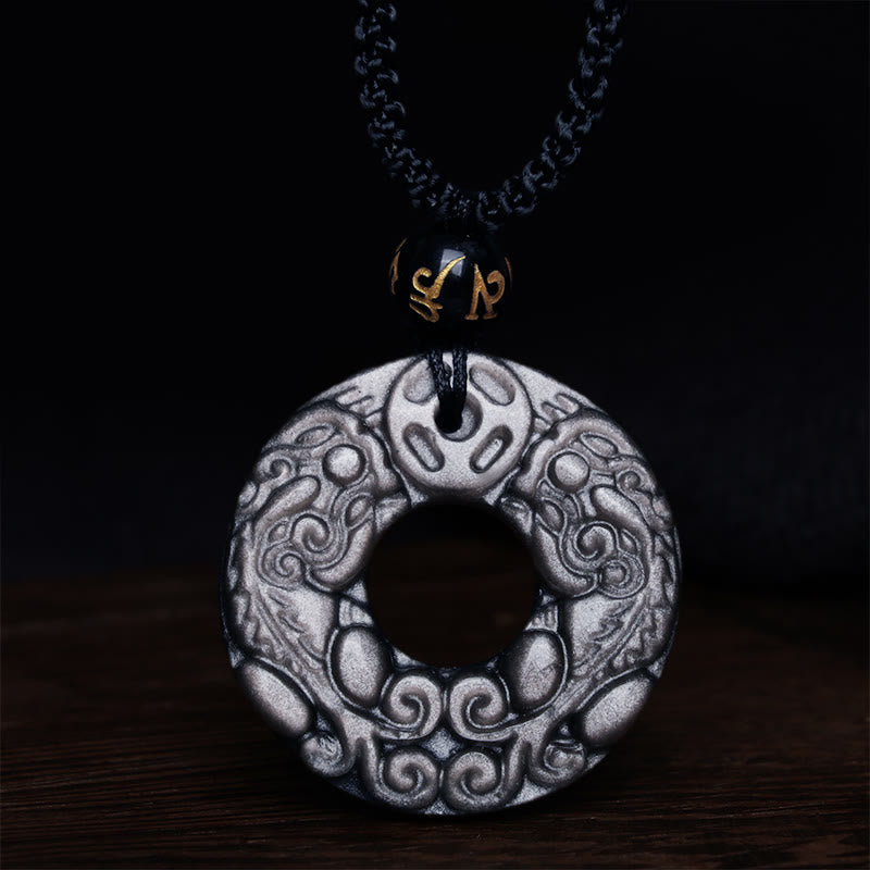 Buddha Stones con ciondolo con fibbia della pace in argento naturale lucido ossidiana doppia PiXiu moneta di rame - image 6