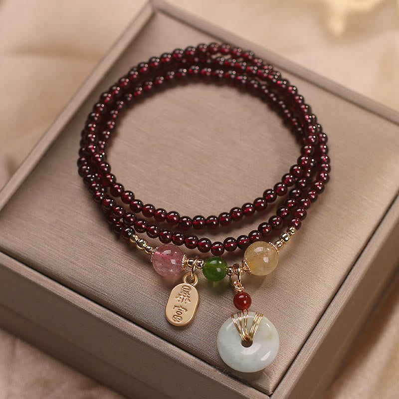 Buddha Stones Granato naturale Cristallo di quarzo fragola Volpe Koi Pesce Pace Fibbia Fortuna Protezione Braccialetto a triplo giro