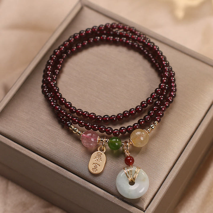 Buddha Stones Granato naturale Cristallo di quarzo fragola Volpe Koi Pesce Pace Fibbia Fortuna Protezione Braccialetto a triplo giro
