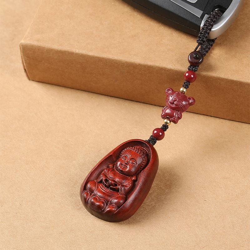 Buddha Stones Piccola foglia Sandalo rosso Buddha Cinabro Zodiaco cinese Amuleto Protezione Portachiavi