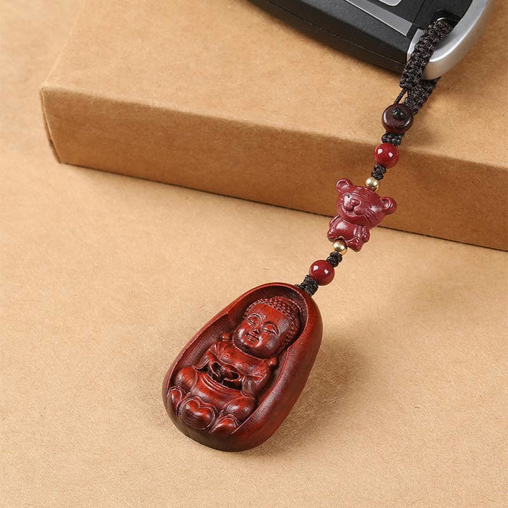 Buddha Stones Piccola foglia Sandalo rosso Buddha Cinabro Zodiaco cinese Amuleto Protezione Portachiavi