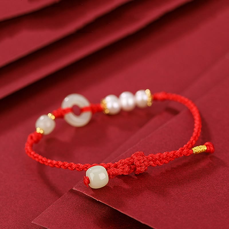 Bracciale Buddha Stones 925 Sterling Silver placcato oro Hetian Jade Peace Buckle Pearl Luck