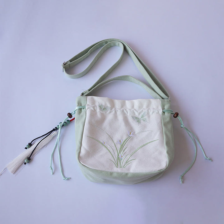 Borsa a tracolla in tela con fiori ricamati a mano con Buddha Stones