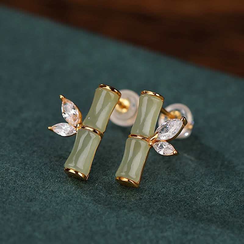 Orecchini a bottone con motivo di bambù e agata rossa, in argento sterling 925, Buddha Stones e giada ciano di Hetian, giada bianca e motivo di bambù