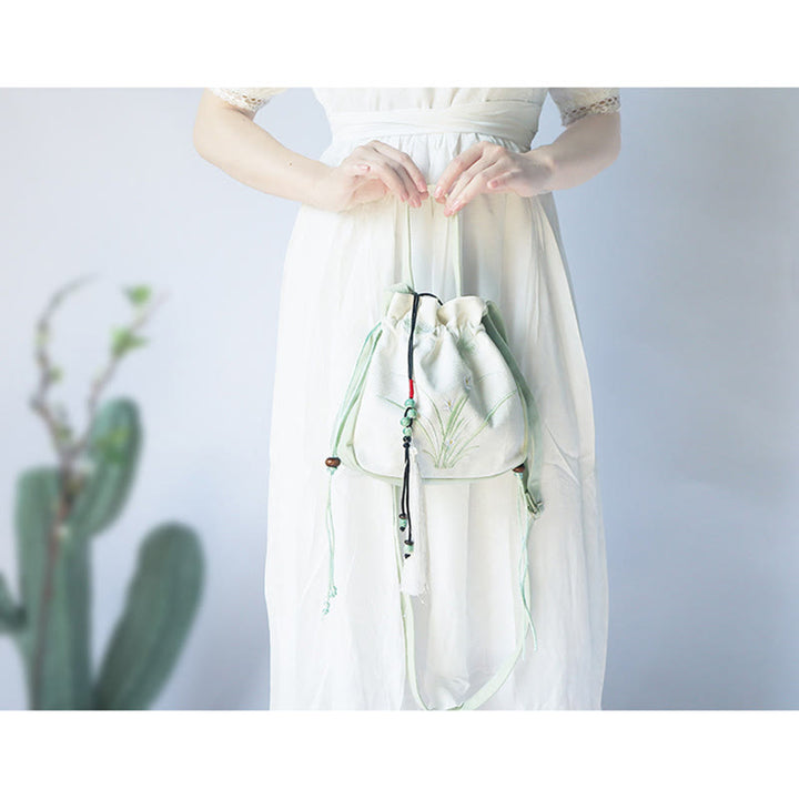 Borsa a tracolla in tela con fiori ricamati a mano con Buddha Stones