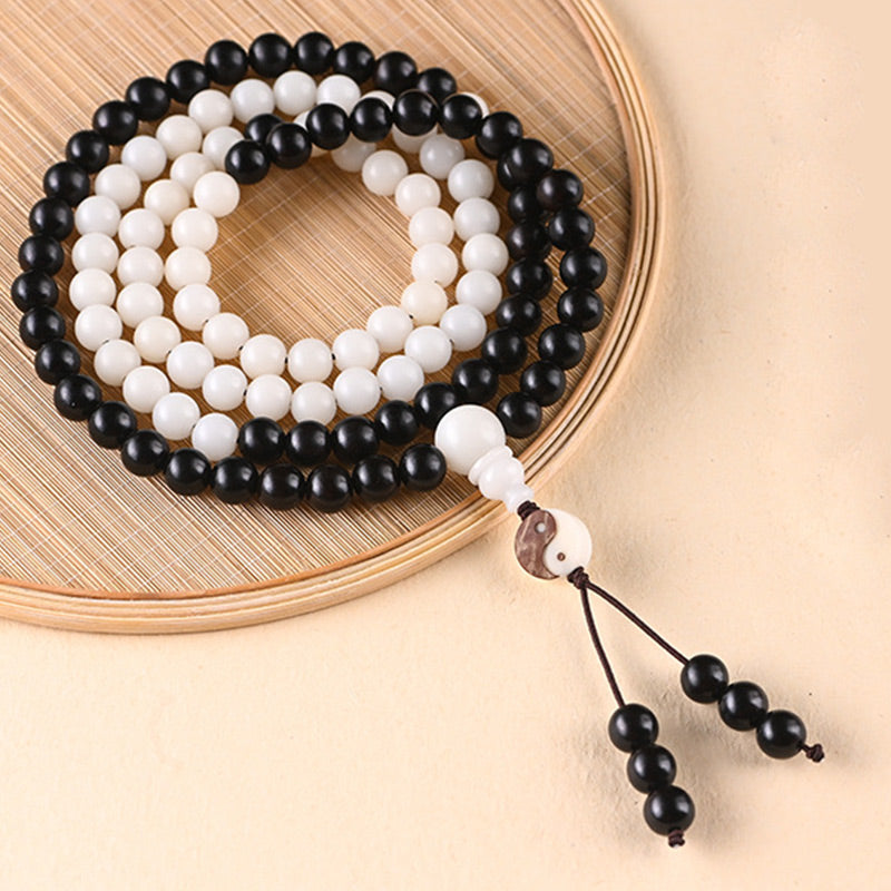 Collana Mala con protezione YinYang in ebano e Buddha Stones