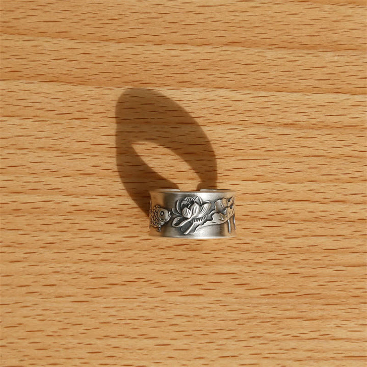 Anello Buddha Stones 999 Sterling Silver Luck Koi Fish Lotus Heart Sutra Wealth