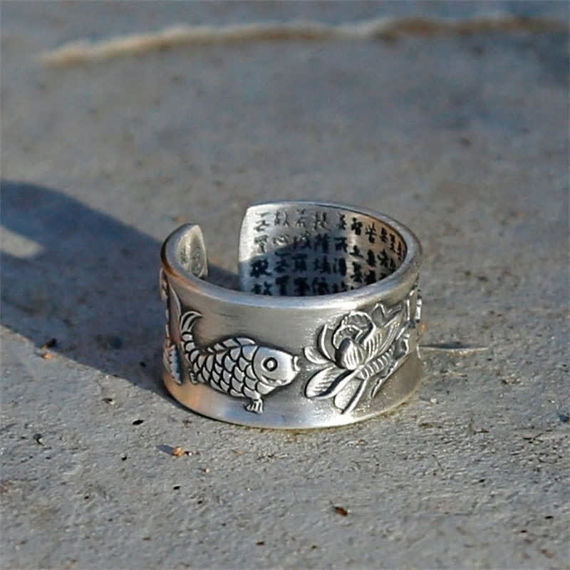Anello Buddha Stones 999 Sterling Silver Luck Koi Fish Lotus Heart Sutra Wealth