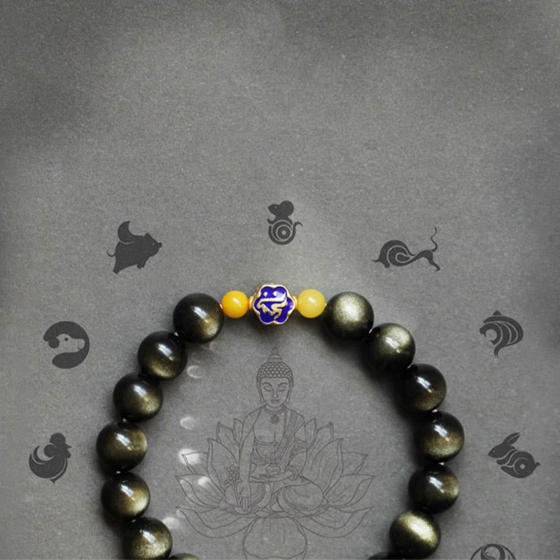Bracciale Buddha Stones 925 Sterling Silver Zodiaco Cinese Buddha Natale Naturale Oro Lucentezza Ossidiana Ambra Protezione Ricchezza