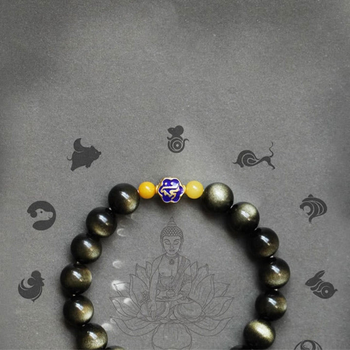 Bracciale Buddha Stones 925 Sterling Silver Zodiaco Cinese Buddha Natale Naturale Oro Lucentezza Ossidiana Ambra Protezione Ricchezza