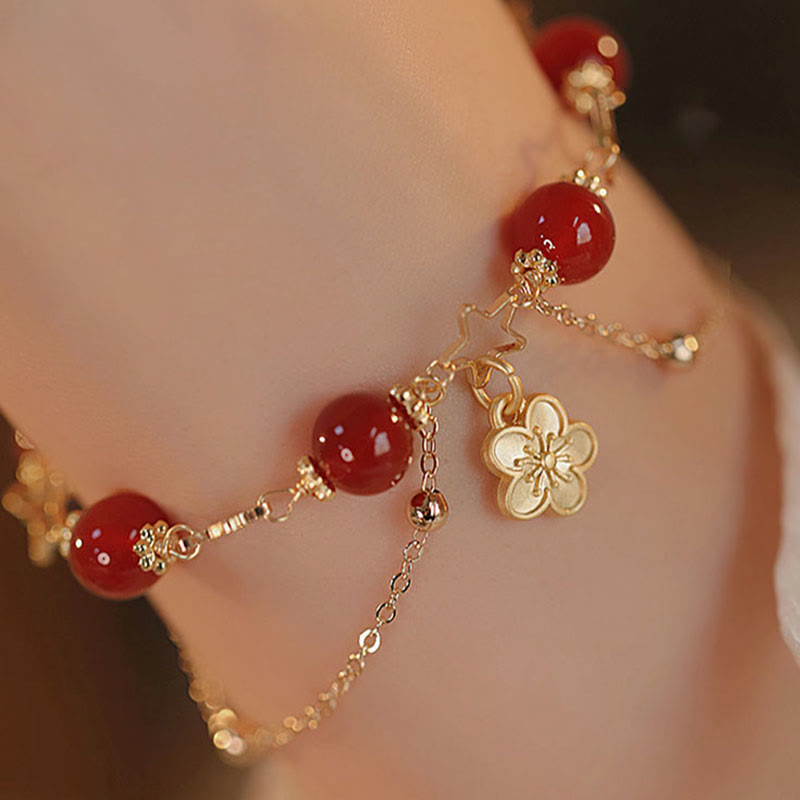 Bracciale Buddha Stones placcato oro 14k con ciondolo a forma di fiore di agata rossa e stella