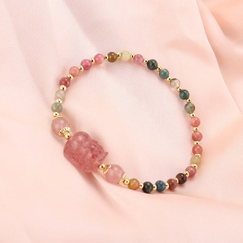 Braccialetto di protezione in pietra di luna PiXiu con quarzo fragola, tormalina naturale e granato Buddha Stones