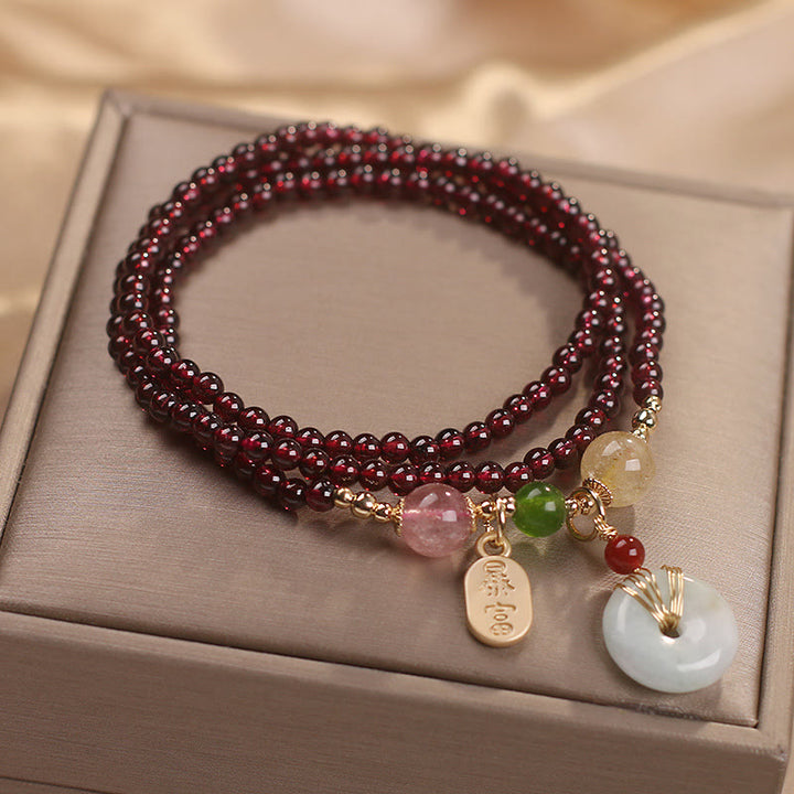 Buddha Stones Granato naturale Cristallo di quarzo fragola Volpe Koi Pesce Pace Fibbia Fortuna Protezione Braccialetto a triplo giro