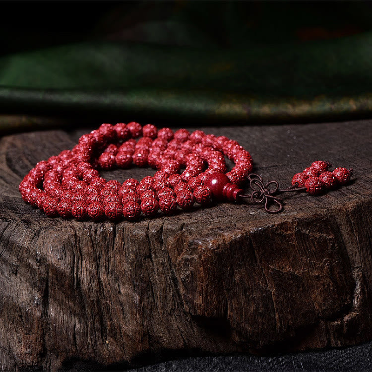 Buddha Stones 108 Mala Beads Cinnabar Om Mani Padme Hum Pattern Braccialetto di benedizione inciso