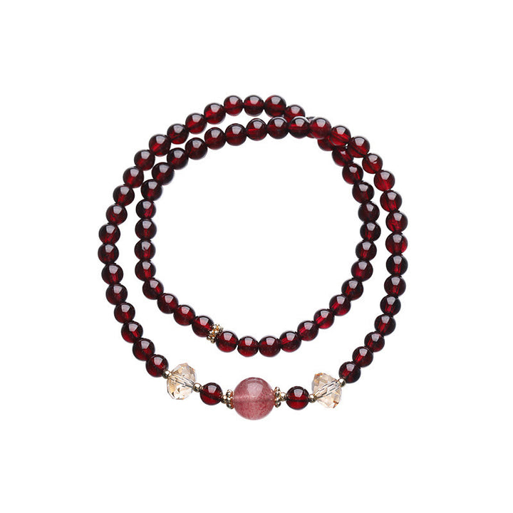 Bracciale Buddha Stones placcato oro 14K con quarzo fragola naturale e granato, stabilità a doppio giro