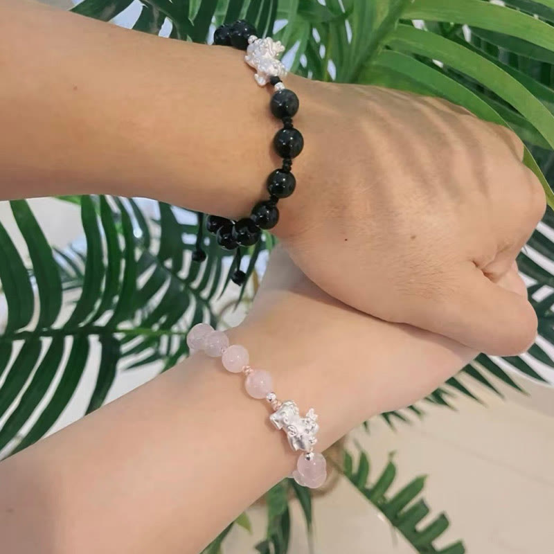 Braccialetto Buddha Stones Natural Black Ossidiana Occhio di Gatto Cristallo Rosa PiXiu Strength