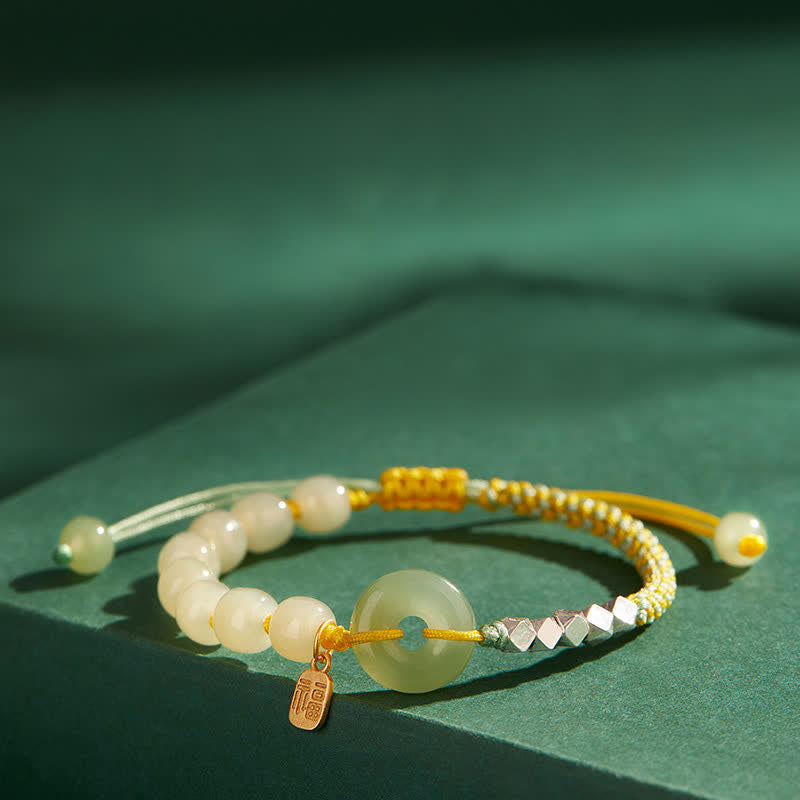 Braccialetto con ciondolo di fortuna e felicità con perline e fibbia della pace in giada Hetian in argento sterling 925 Buddha Stones