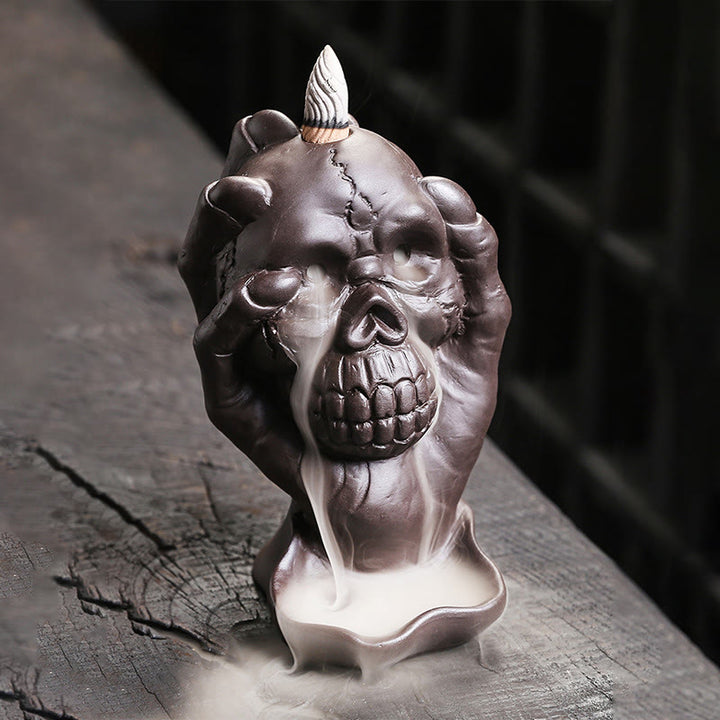Buddha Stones Halloween Skull con mano fantasma Decorazione bruciatore di incenso spirituale in argilla viola