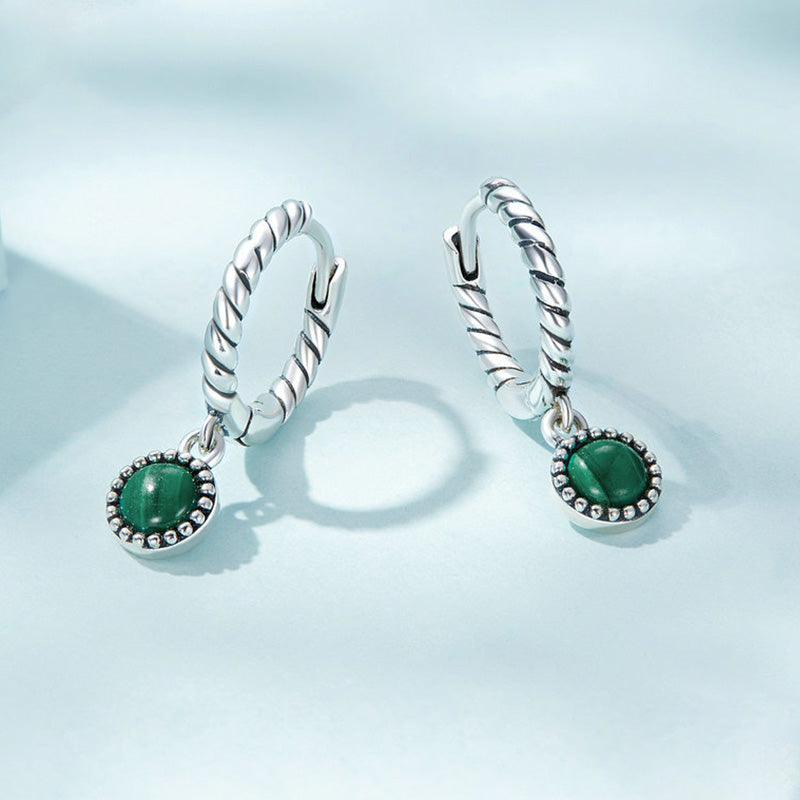 Orecchini pendenti anti-ansia in argento sterling 925 con malachite rotonda