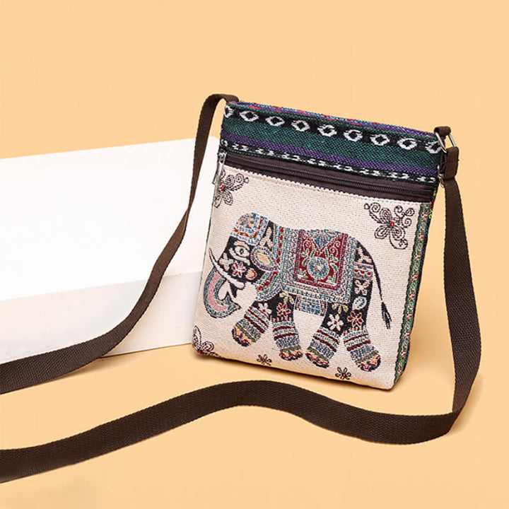 Borsa a tracolla in tela ricamata con elefante e farfalla, motivo Buddha Stones
