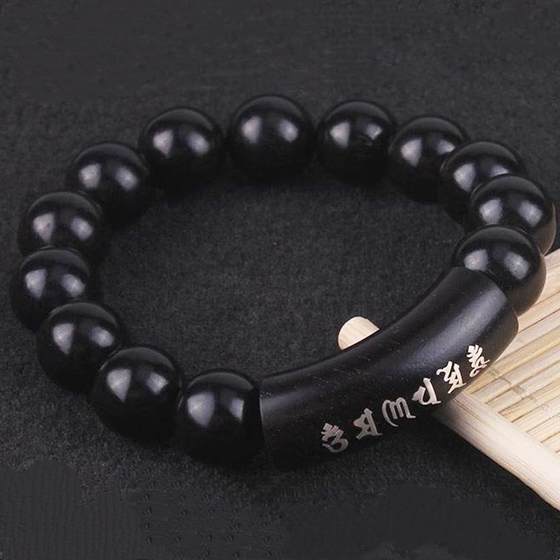 Bracciale intarsiato in legno di ebano con Buddha Stones in argento sterling 999 Om Mani Padme Hum