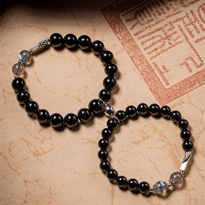 Bracciale di coppia in argento sterling 925 con pietra di luna e ossidiana