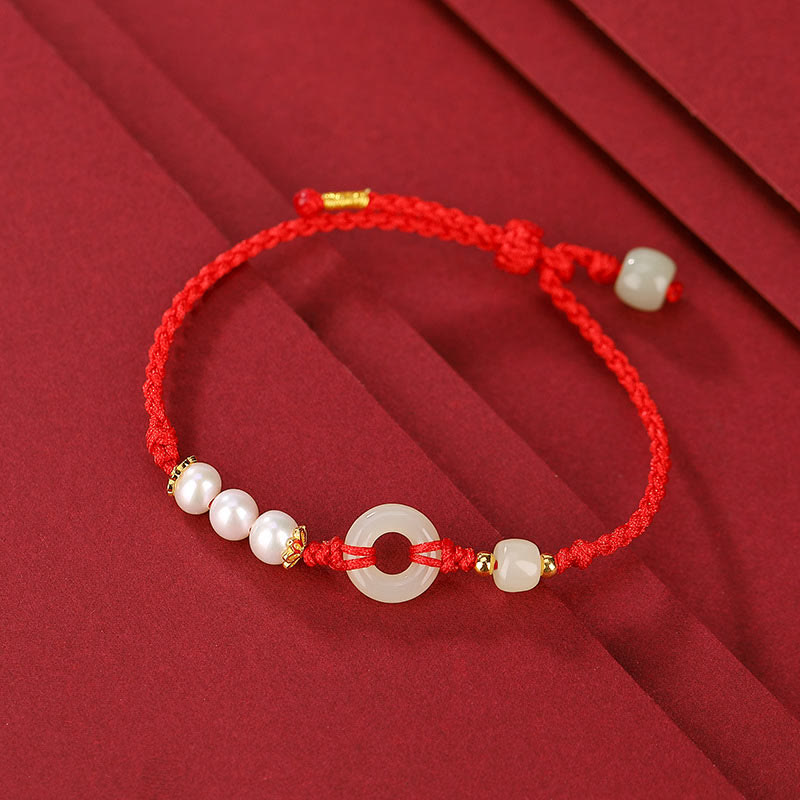 Bracciale Buddha Stones 925 Sterling Silver placcato oro Hetian Jade Peace Buckle Pearl Luck