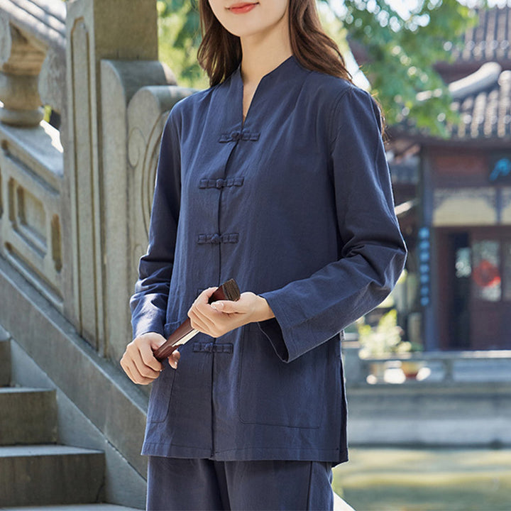 Buddha Stones Spirituale Zen Pratica Yoga Meditazione Preghiera Uniforme Cotone Lino Abbigliamento Donna Set - Blu navy - US18, UK/AU22, EU50 (6XL) - image 7