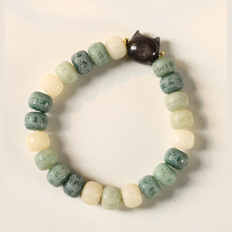 Buddha Stones Semi di Bodhi Argento Lucentezza Ossidiana Testa di Gatto Om Mani Padme Hum Braccialetto Armonia Inciso - image 10