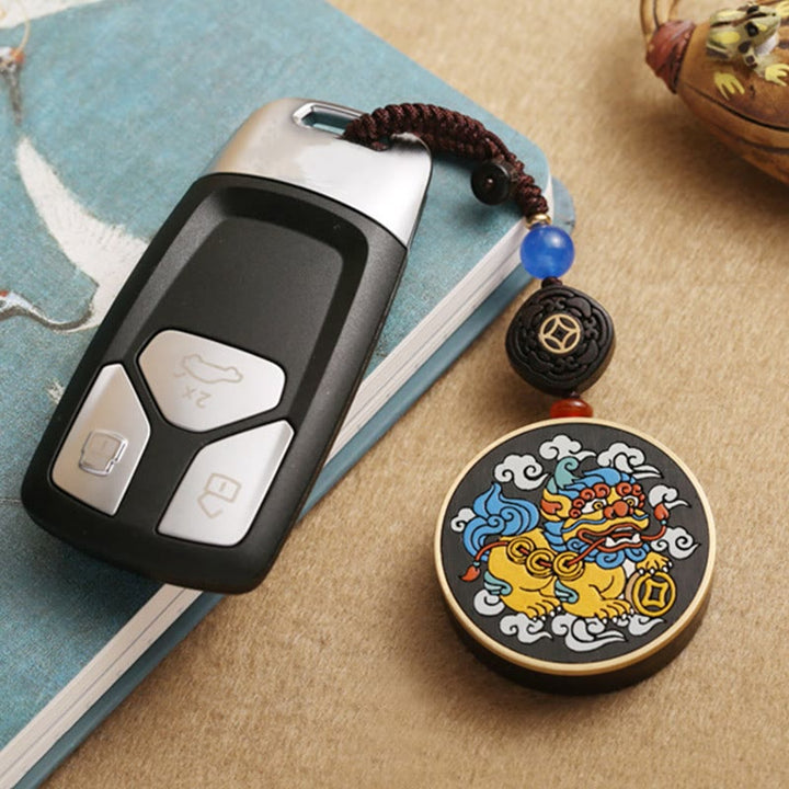 Buddha Stones PiXiu Moneta di rame Legno di ebano Fortuna Attrarre Ricchezza Portachiavi Decorazione