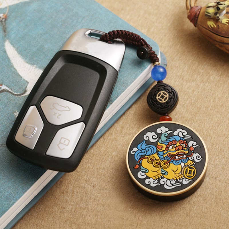 Buddha Stones PiXiu Moneta di rame Legno di ebano Fortuna Attrarre Ricchezza Portachiavi Decorazione