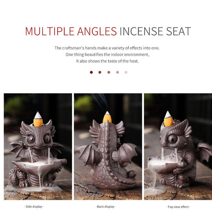 Bella fontana di fumo a riflusso in argilla viola con dinosauro, decorazione per bruciatore di incenso curativo