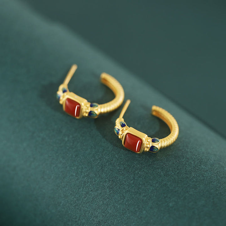 Orecchini a bottone in argento sterling 925 con agata rossa e loto, fiducia e calma