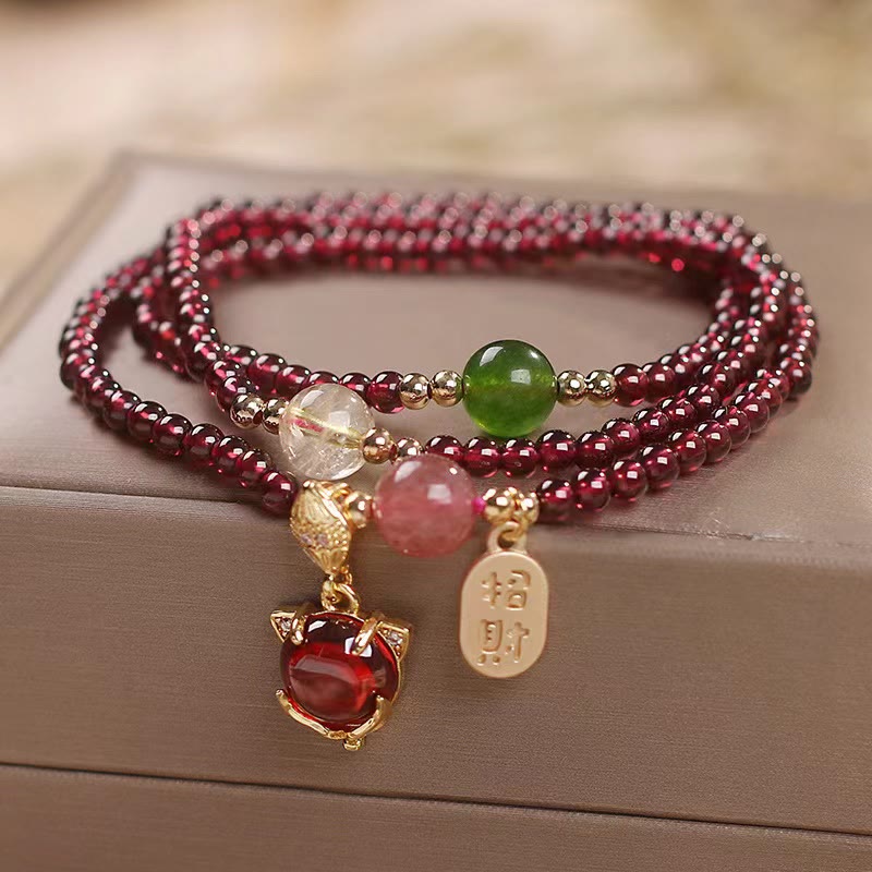 Buddha Stones Granato naturale Cristallo di quarzo fragola Volpe Koi Pesce Pace Fibbia Fortuna Protezione Braccialetto a triplo giro