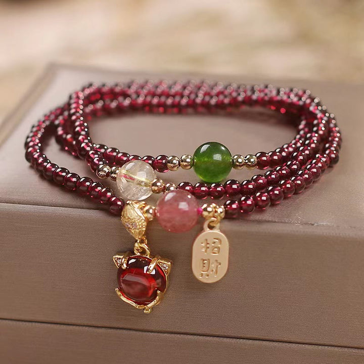 Buddha Stones Granato naturale Cristallo di quarzo fragola Volpe Koi Pesce Pace Fibbia Fortuna Protezione Braccialetto a triplo giro