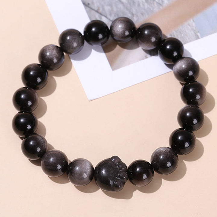 Buddha Stones Oro Naturale Ossidiana Lucente Argento Ossidiana Lucente Carino Gatto Zampa Artiglio Bracciale Ricchezza - Ossidiana argentata - 10 millimetri - image 8