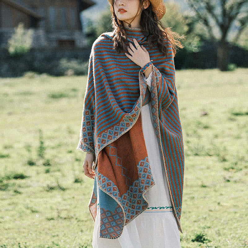 Buddha Stones tibetano con motivo a rombi a righe, sciarpa calda e morbida invernale