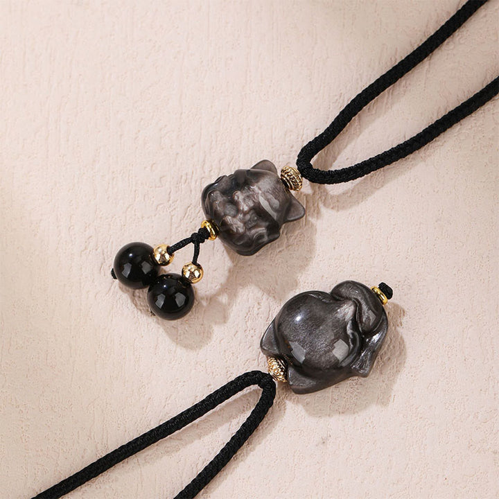 Collana con ciondolo di protezione a forma di volpe a nove code in ossidiana lucida d'argento naturale Buddha Stones