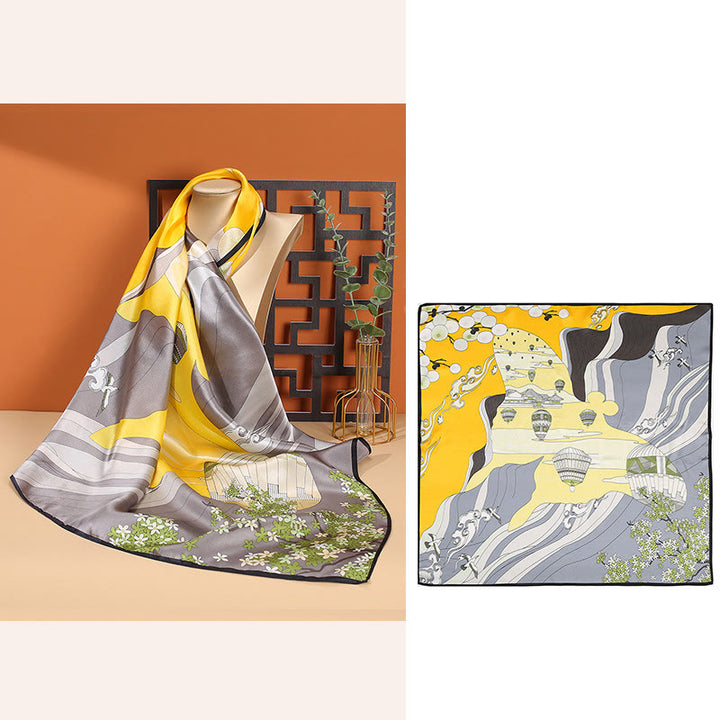 Sciarpa per capelli al collo in seta di gelso al 100%, motivo: Buddha Stones , scena pastorale, mongolfiera, fiori primaverili