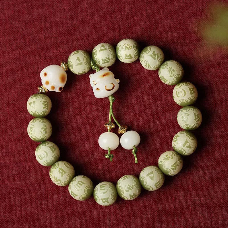 Buddha Stones Semi di Bodhi verdi Zampa di gatto Om Mani Padme Hum Braccialetto della saggezza inciso - image 3